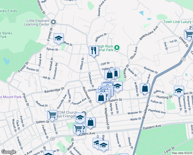 map of restaurants, bars, coffee shops, grocery stores, and more near 19-21 Garden Street in Malden