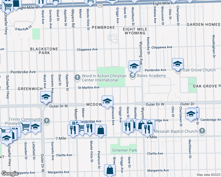 map of restaurants, bars, coffee shops, grocery stores, and more near 19503 Birwood Street in Detroit