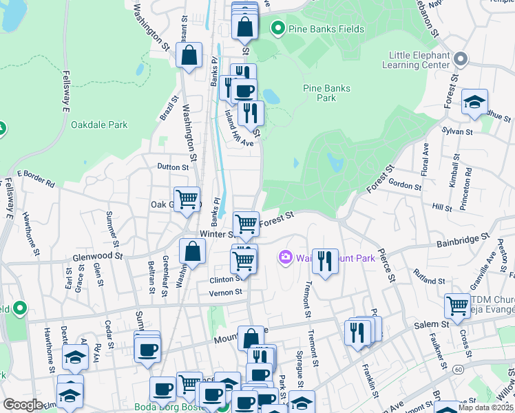 map of restaurants, bars, coffee shops, grocery stores, and more near 929 Main Street in Malden