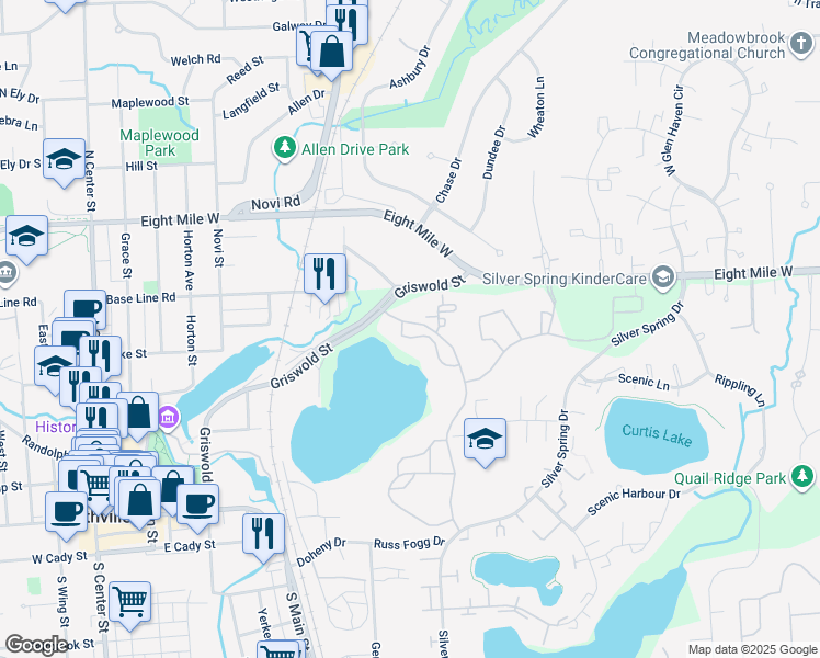 map of restaurants, bars, coffee shops, grocery stores, and more near 20557 Northville Place Drive in Northville