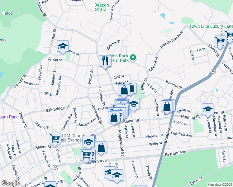 map of restaurants, bars, coffee shops, grocery stores, and more near 155 Lebanon Street in Malden