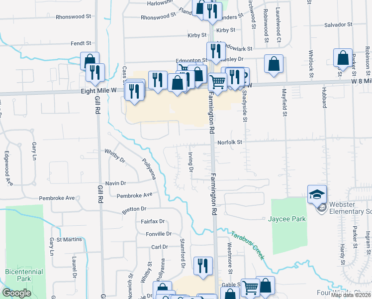 map of restaurants, bars, coffee shops, grocery stores, and more near 20145 Irving Drive in Livonia