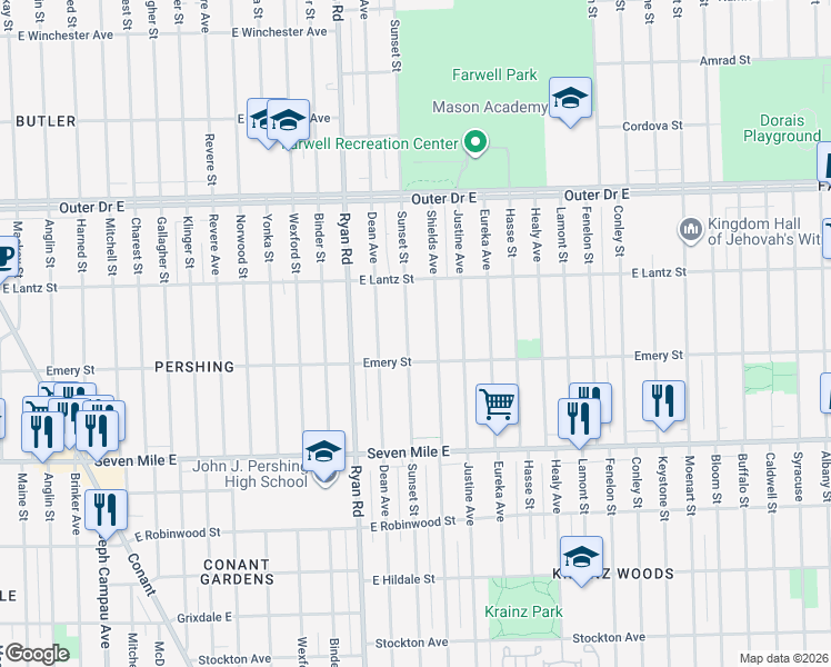 map of restaurants, bars, coffee shops, grocery stores, and more near 19354 Sunset Street in Detroit