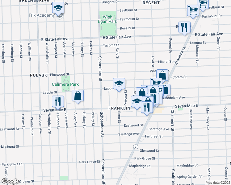map of restaurants, bars, coffee shops, grocery stores, and more near 19209 Reno Street in Detroit