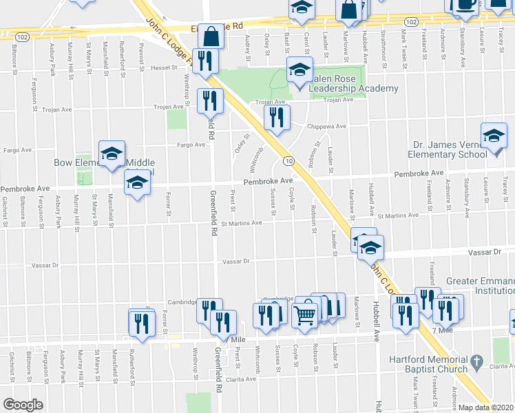 map of restaurants, bars, coffee shops, grocery stores, and more near 19742 Whitcomb in Detroit