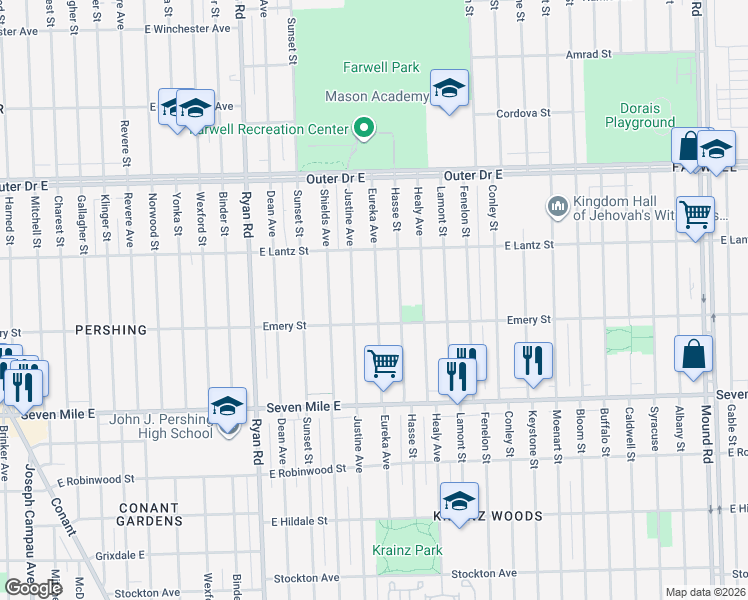 map of restaurants, bars, coffee shops, grocery stores, and more near 19351 Eureka Street in Detroit