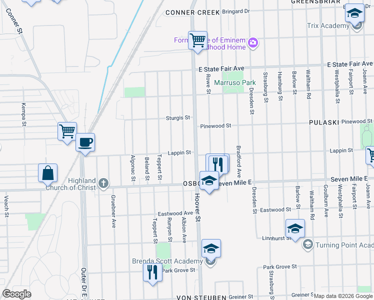 map of restaurants, bars, coffee shops, grocery stores, and more near 19300 Albion Avenue in Detroit