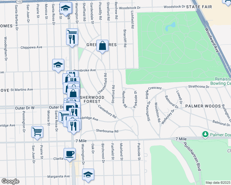 map of restaurants, bars, coffee shops, grocery stores, and more near 19510 Roslyn Road in Detroit