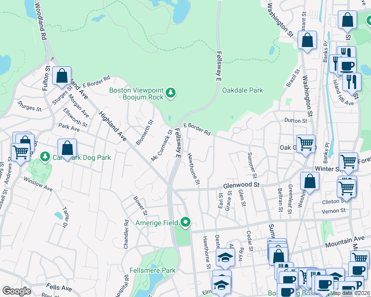map of restaurants, bars, coffee shops, grocery stores, and more near 541 Fellsway East in Malden