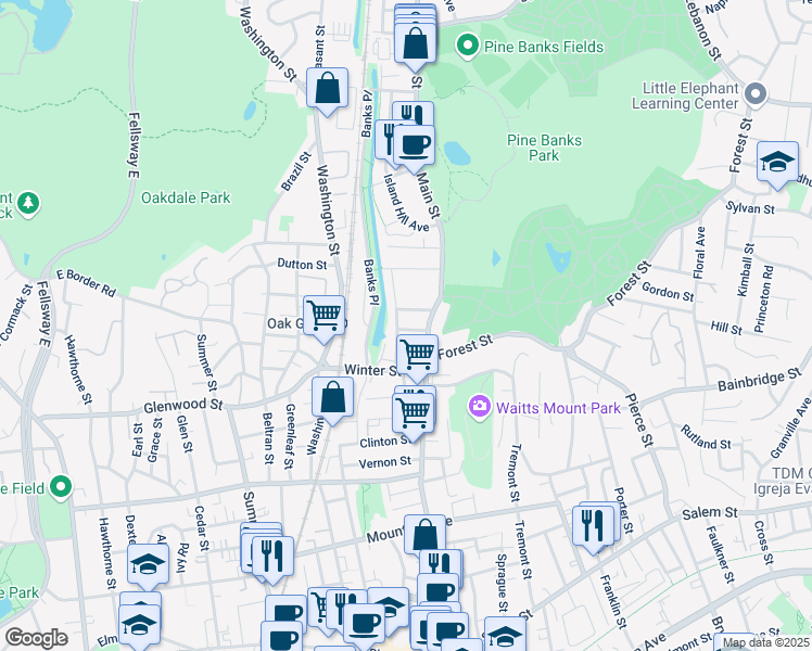 map of restaurants, bars, coffee shops, grocery stores, and more near 21 Rosemont Street in Malden