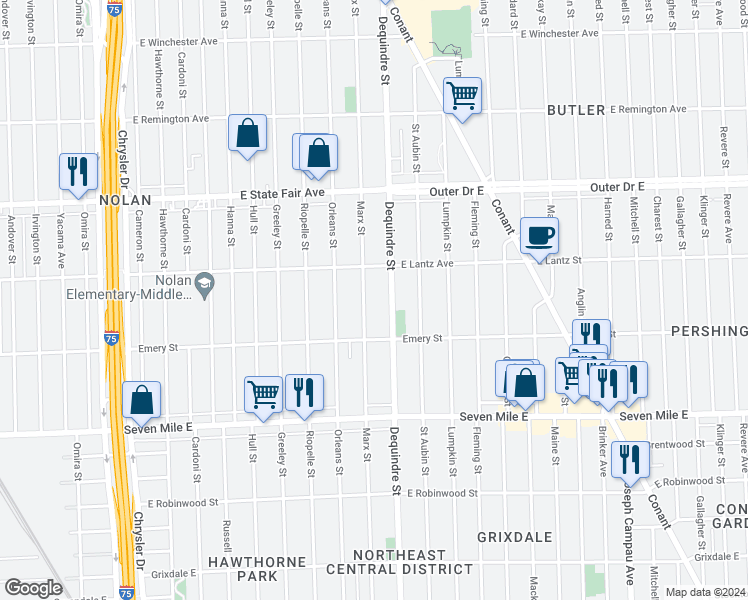 map of restaurants, bars, coffee shops, grocery stores, and more near 19384 Marx Street in Highland Park