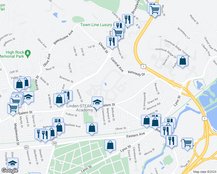 map of restaurants, bars, coffee shops, grocery stores, and more near 211 Kennedy Drive in Malden