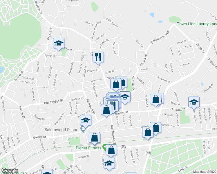 map of restaurants, bars, coffee shops, grocery stores, and more near 155 Lebanon Street in Malden
