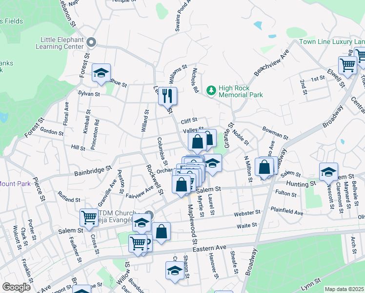 map of restaurants, bars, coffee shops, grocery stores, and more near 155 Lebanon Street in Malden
