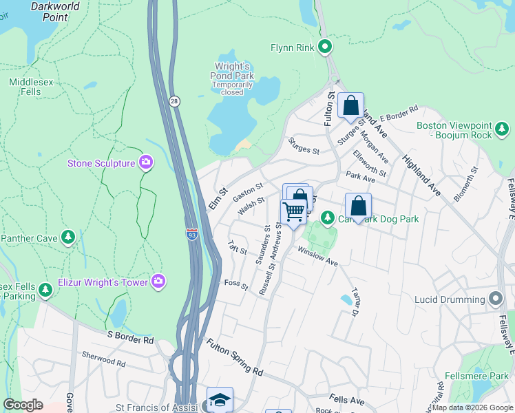 map of restaurants, bars, coffee shops, grocery stores, and more near 23 Long Street in Medford