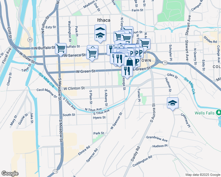 map of restaurants, bars, coffee shops, grocery stores, and more near 311 South Albany Street in Ithaca