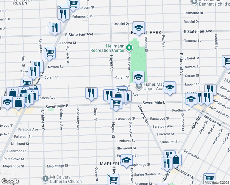 map of restaurants, bars, coffee shops, grocery stores, and more near in Detroit