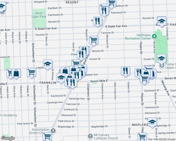 map of restaurants, bars, coffee shops, grocery stores, and more near 14382 Lappin Street in Detroit