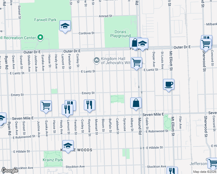 map of restaurants, bars, coffee shops, grocery stores, and more near 19330 Bloom Street in Detroit