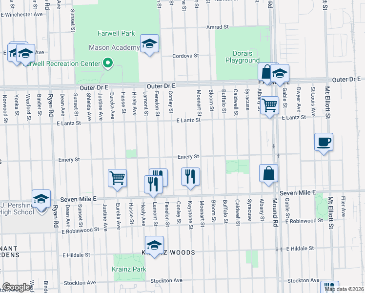 map of restaurants, bars, coffee shops, grocery stores, and more near 19339 Keystone Street in Detroit