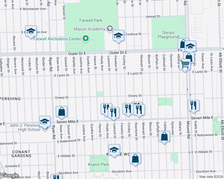 map of restaurants, bars, coffee shops, grocery stores, and more near 19341 Lamont Avenue in Detroit