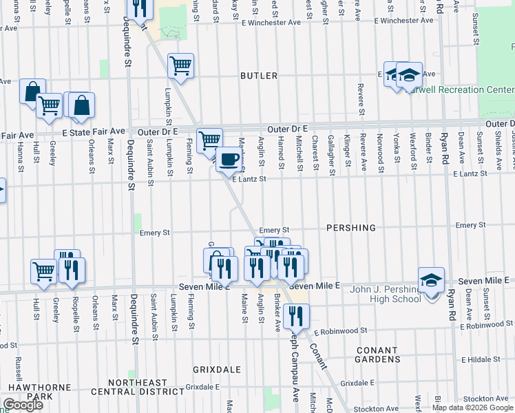 map of restaurants, bars, coffee shops, grocery stores, and more near 19368 Anglin Street in Detroit