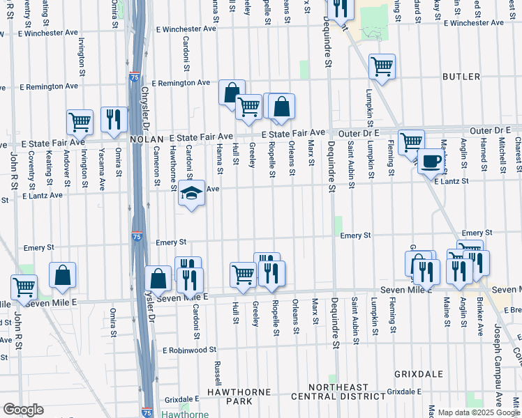 map of restaurants, bars, coffee shops, grocery stores, and more near 19391 Greeley Street in Highland Park