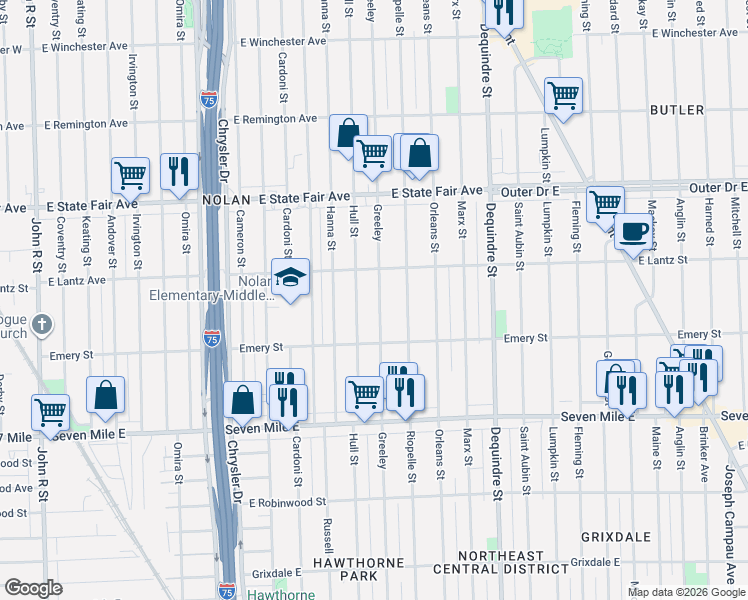 map of restaurants, bars, coffee shops, grocery stores, and more near 19391 Greeley Street in Highland Park