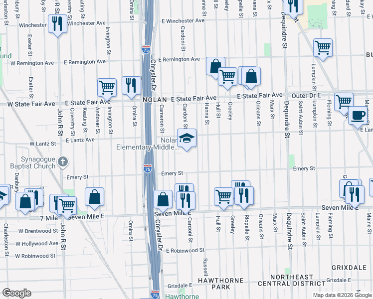 map of restaurants, bars, coffee shops, grocery stores, and more near 19404 Russell in Highland Park