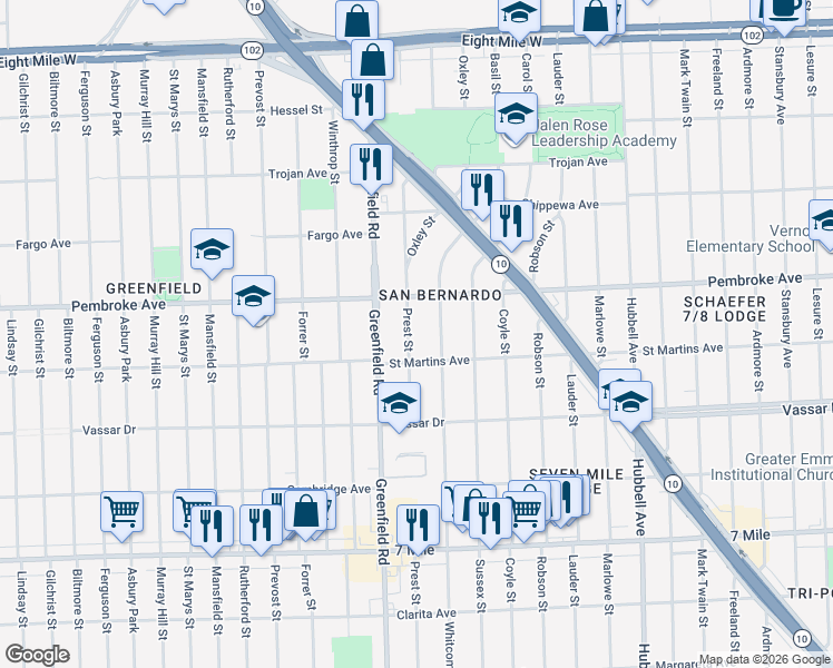 map of restaurants, bars, coffee shops, grocery stores, and more near 19745 Prest Street in Detroit