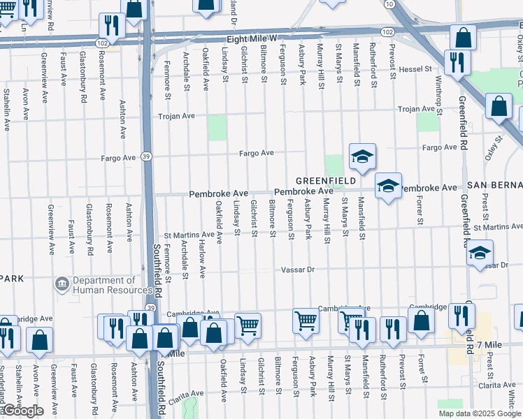 map of restaurants, bars, coffee shops, grocery stores, and more near 19761 Biltmore Street in Detroit