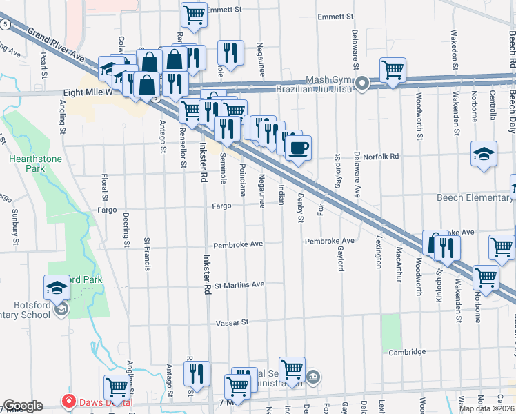 map of restaurants, bars, coffee shops, grocery stores, and more near 19985 Negaunee in Redford Charter Township