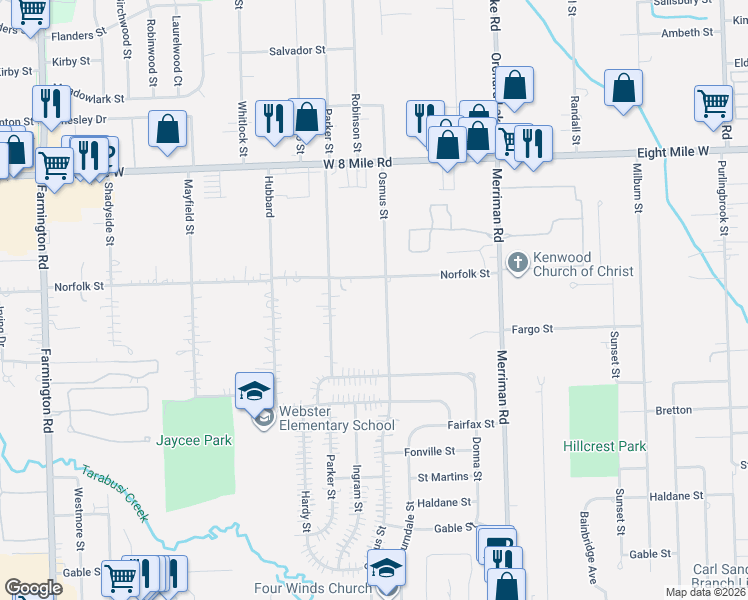 map of restaurants, bars, coffee shops, grocery stores, and more near 20123 Osmus Street in Livonia