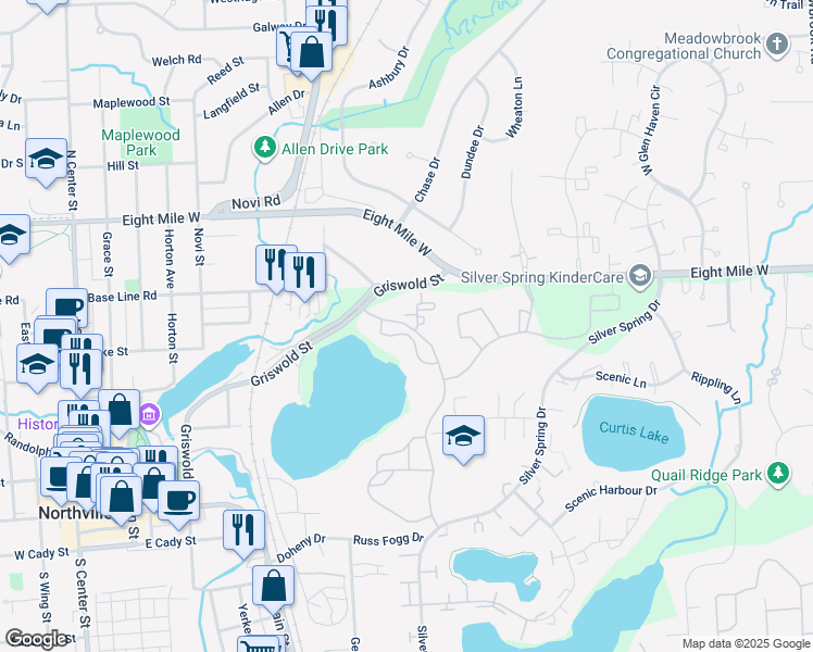 map of restaurants, bars, coffee shops, grocery stores, and more near 20557 Northville Place Drive in Northville
