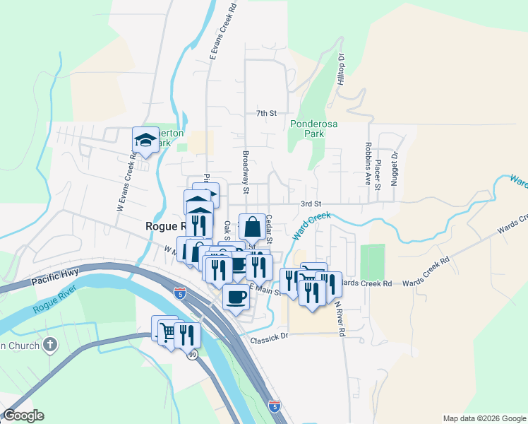 map of restaurants, bars, coffee shops, grocery stores, and more near 315 Cedar Street in Rogue River
