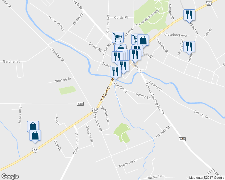 map of restaurants, bars, coffee shops, grocery stores, and more near 124 West Main Street in Fredonia