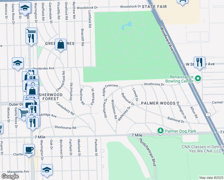 map of restaurants, bars, coffee shops, grocery stores, and more near 1900 Strathcona Drive in Detroit