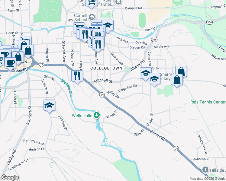 map of restaurants, bars, coffee shops, grocery stores, and more near 101 Valley Rd in Ithaca