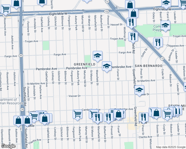 map of restaurants, bars, coffee shops, grocery stores, and more near 19760 Saint Marys Street in Detroit