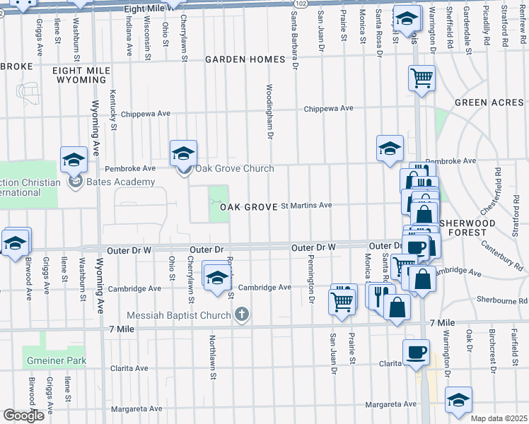 map of restaurants, bars, coffee shops, grocery stores, and more near 19489 Woodingham Drive in Detroit