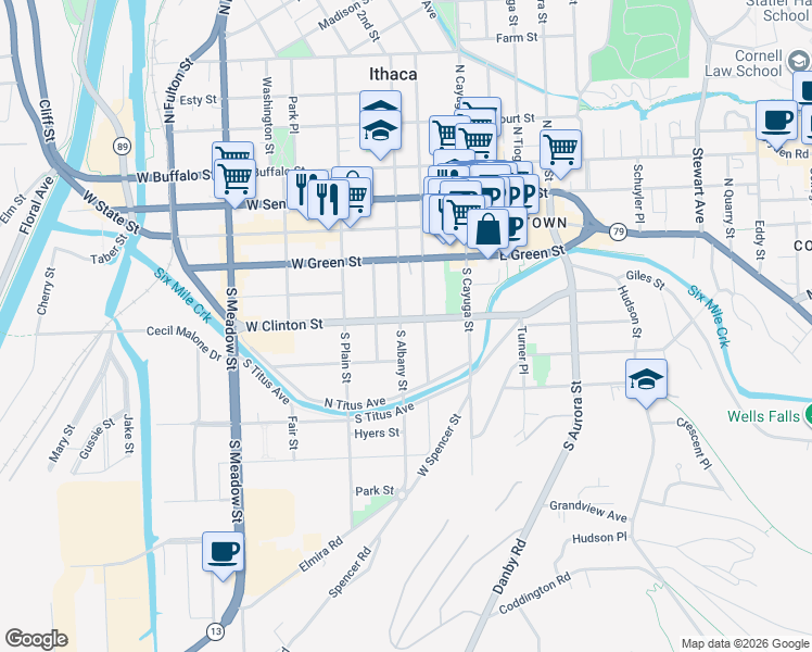 map of restaurants, bars, coffee shops, grocery stores, and more near 311 South Albany Street in Ithaca