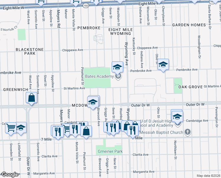 map of restaurants, bars, coffee shops, grocery stores, and more near 19500 Ilene Street in Detroit