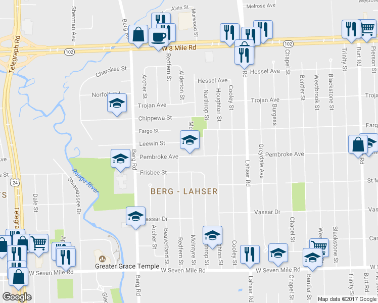 map of restaurants, bars, coffee shops, grocery stores, and more near 22414 Pembroke Avenue in Detroit