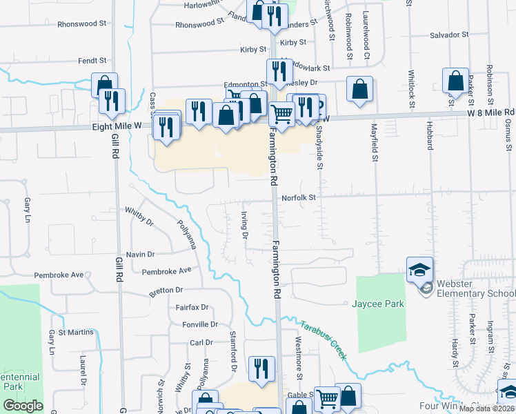 map of restaurants, bars, coffee shops, grocery stores, and more near 33447 Norfolk Street in Livonia