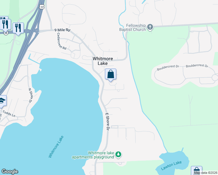 map of restaurants, bars, coffee shops, grocery stores, and more near 11445 East Shore Drive in Whitmore Lake