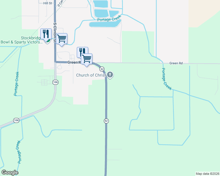 map of restaurants, bars, coffee shops, grocery stores, and more near 5157 Michigan 52 in Stockbridge