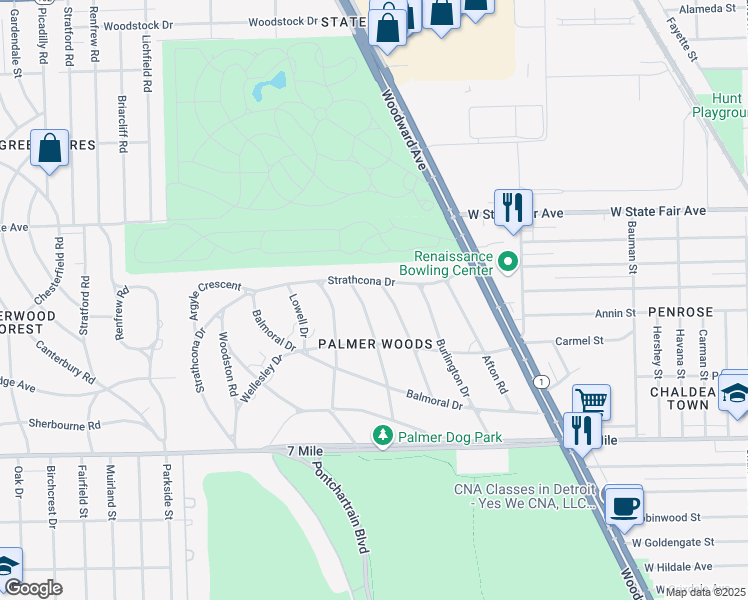 map of restaurants, bars, coffee shops, grocery stores, and more near 19494 Suffolk Drive in Detroit