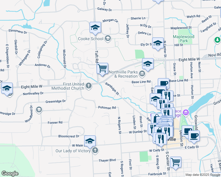 map of restaurants, bars, coffee shops, grocery stores, and more near 619 Randolph Street in Northville