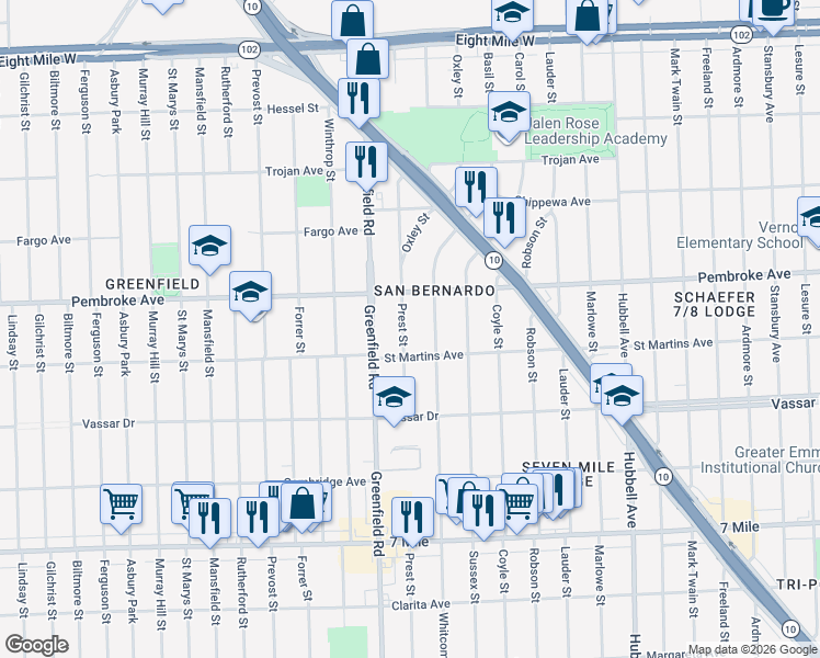 map of restaurants, bars, coffee shops, grocery stores, and more near 19745 Prest Street in Detroit