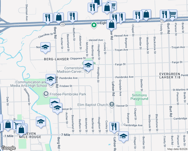 map of restaurants, bars, coffee shops, grocery stores, and more near 22238 Pembroke Avenue in Detroit